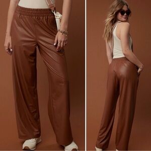Offline Faux Leather Wide-Leg Pants - Brown